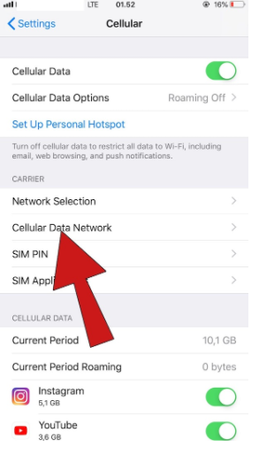 Scroll dan Pilih opsi bernama Celuller Data Network