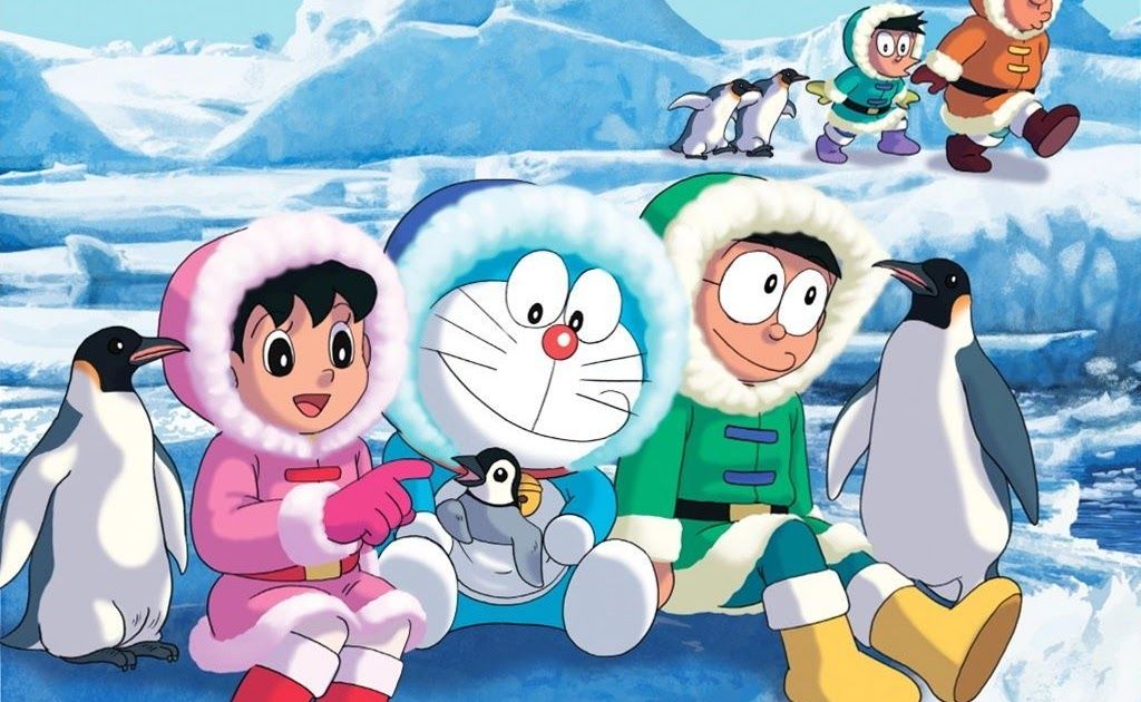 Momen keakraban Doraemon, Shizuka, dan Nobita saat berada di Antartika, menikmati musim dingin ditemani para Penguin