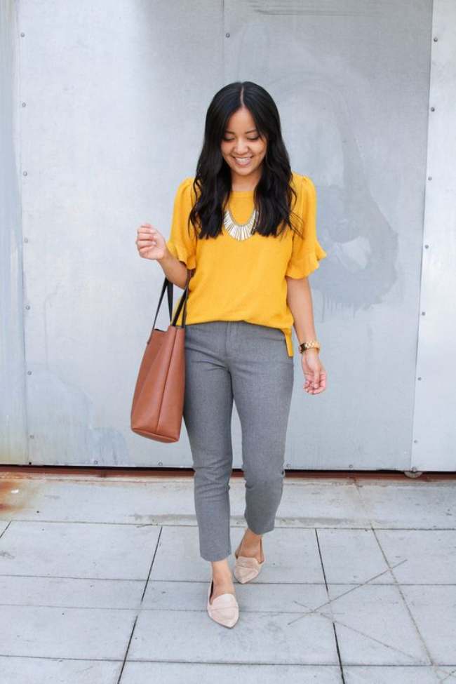 Celana Grey dan Blouse Kuning