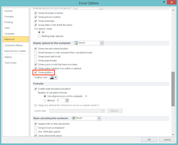 Di sebelah kanan terdapat berbagai opsi, temukan opsi Show Gridlines