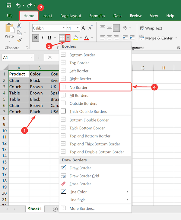 Pada opsi border yang ditampilkan, pilih No Border